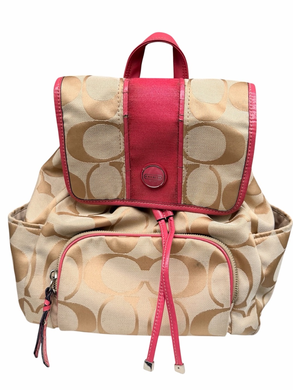 Vintage Y2K COACH Signature Logo Jacquard Canvas Backpack Women’s Brown Pink